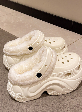 加绒高跟10CM洞洞鞋女厚底增高EVA外穿保暖卡通毛绒居家棉拖鞋女