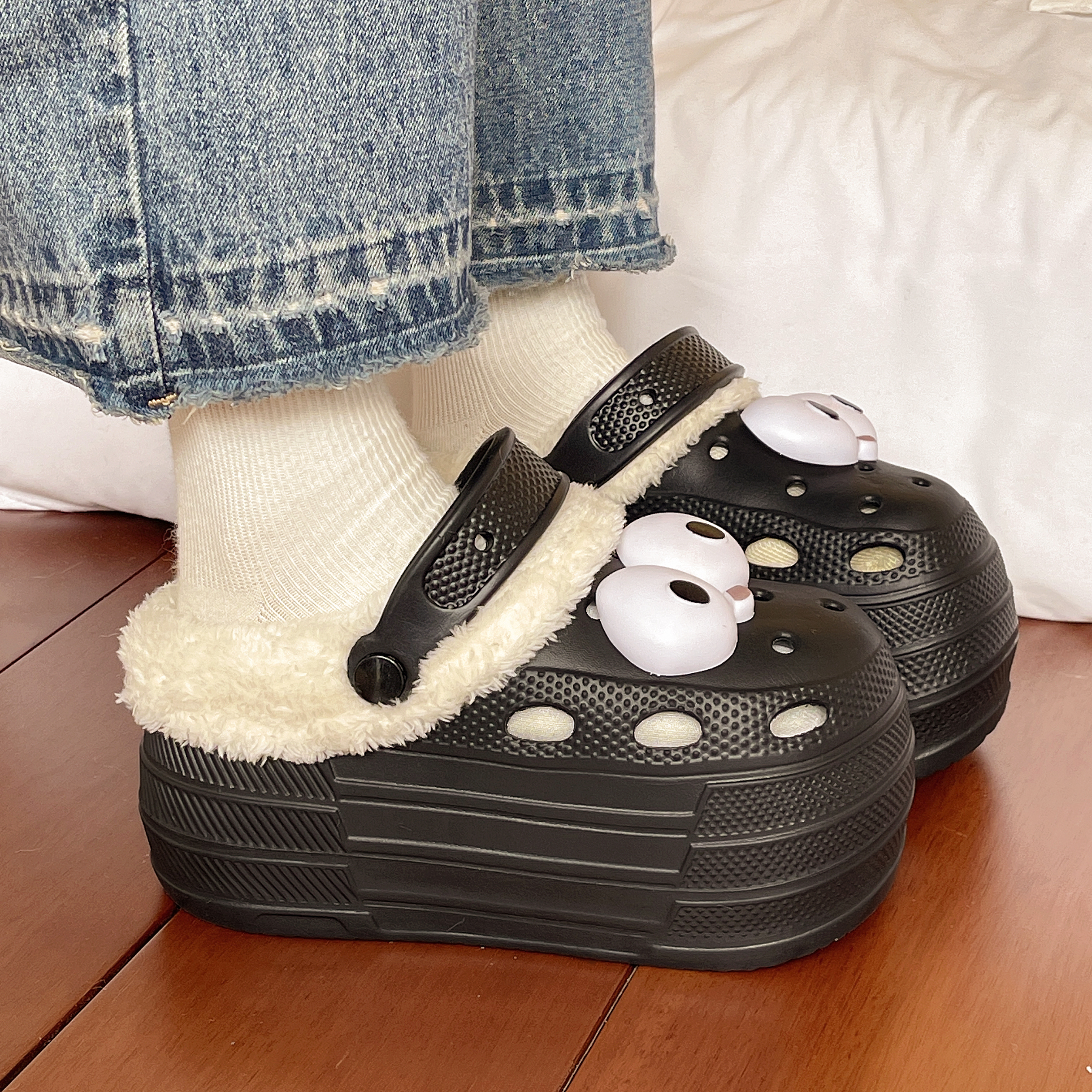 冬天9CM厚底加棉洞洞鞋女秋冬可爱卡通加绒保暖户外内增高棉拖鞋