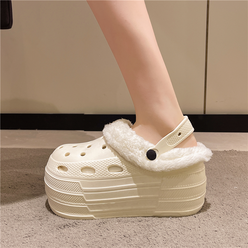 秋冬季高跟厚底加棉加绒8cm洞洞鞋女小个子增高医用上班包头鞋女