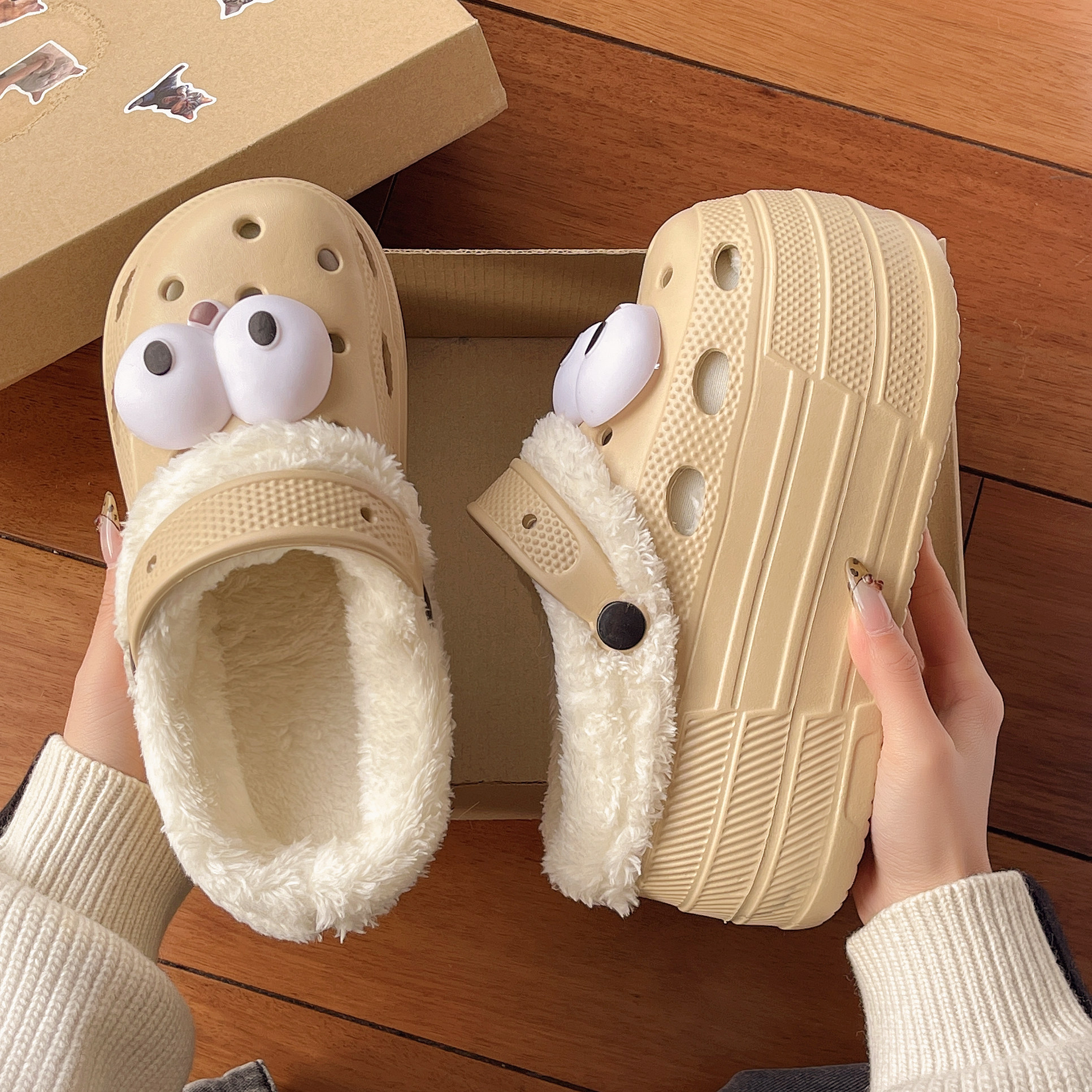 秋冬季高跟厚底加棉加绒9cm洞洞鞋女小个子增高医用包头棉拖鞋女