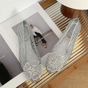 一脚蹬跳舞鞋 韩国尖头果冻鞋 户外休闲凉鞋 水晶鞋 DIY饰品 浅口单鞋