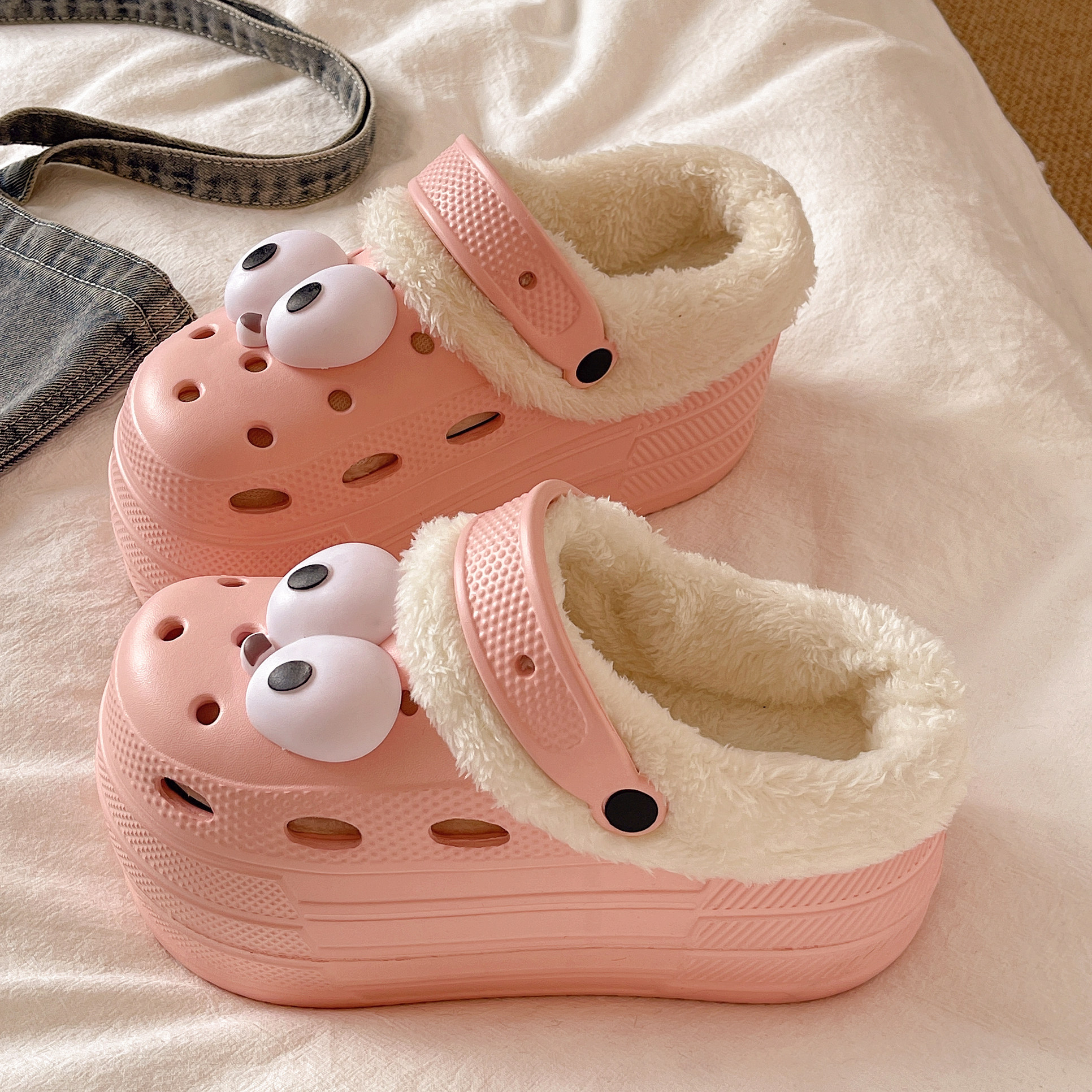 秋冬季高跟厚底加棉加绒9cm洞洞鞋女小个子增高医用包头棉拖鞋女