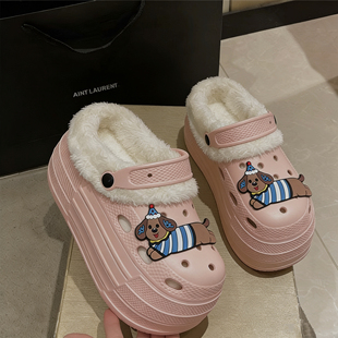 明星同款高跟9CM加绒洞洞鞋女秋冬季懒人一脚蹬毛毛包头棉拖鞋女