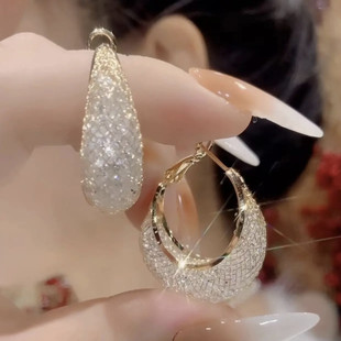 轻奢金丝网状水晶水滴耳圈耳环女气质个性百搭耳扣设计感圈圈耳饰
