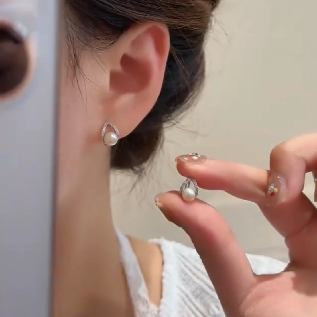 韩国时尚镂空三角珍珠耳钉耳扣气质闪钻耳饰精致小巧甜美百搭耳环