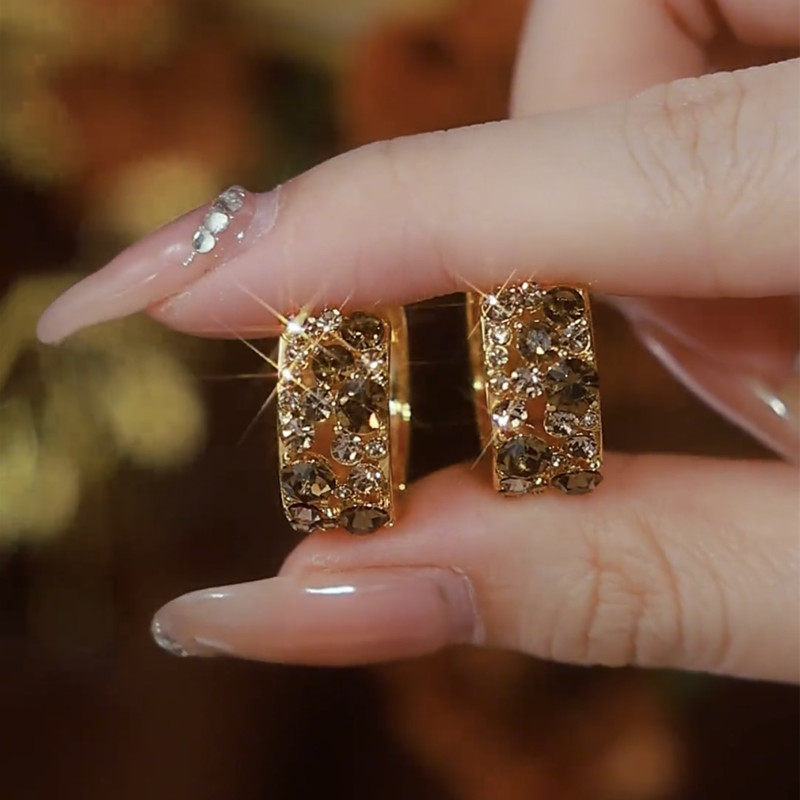 气质百搭复古咖色满钻圈圈耳扣女轻奢高级感金色圆圈耳环精致耳饰