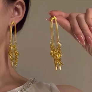 气质金色长款流苏麦穗耳环女轻奢高级感银针耳钉独特夸张大气耳饰