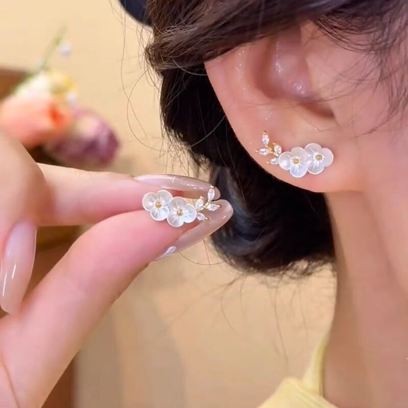 925银针超仙花朵叶子耳钉女耳排