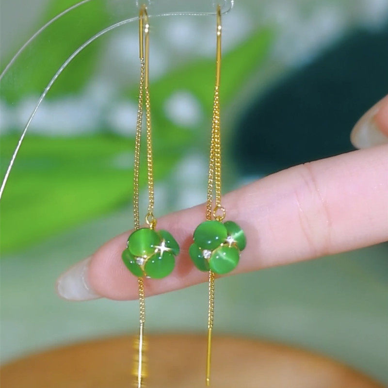 925银针绿色猫眼石球球耳线女轻奢高级感长款耳环气质显脸瘦耳饰