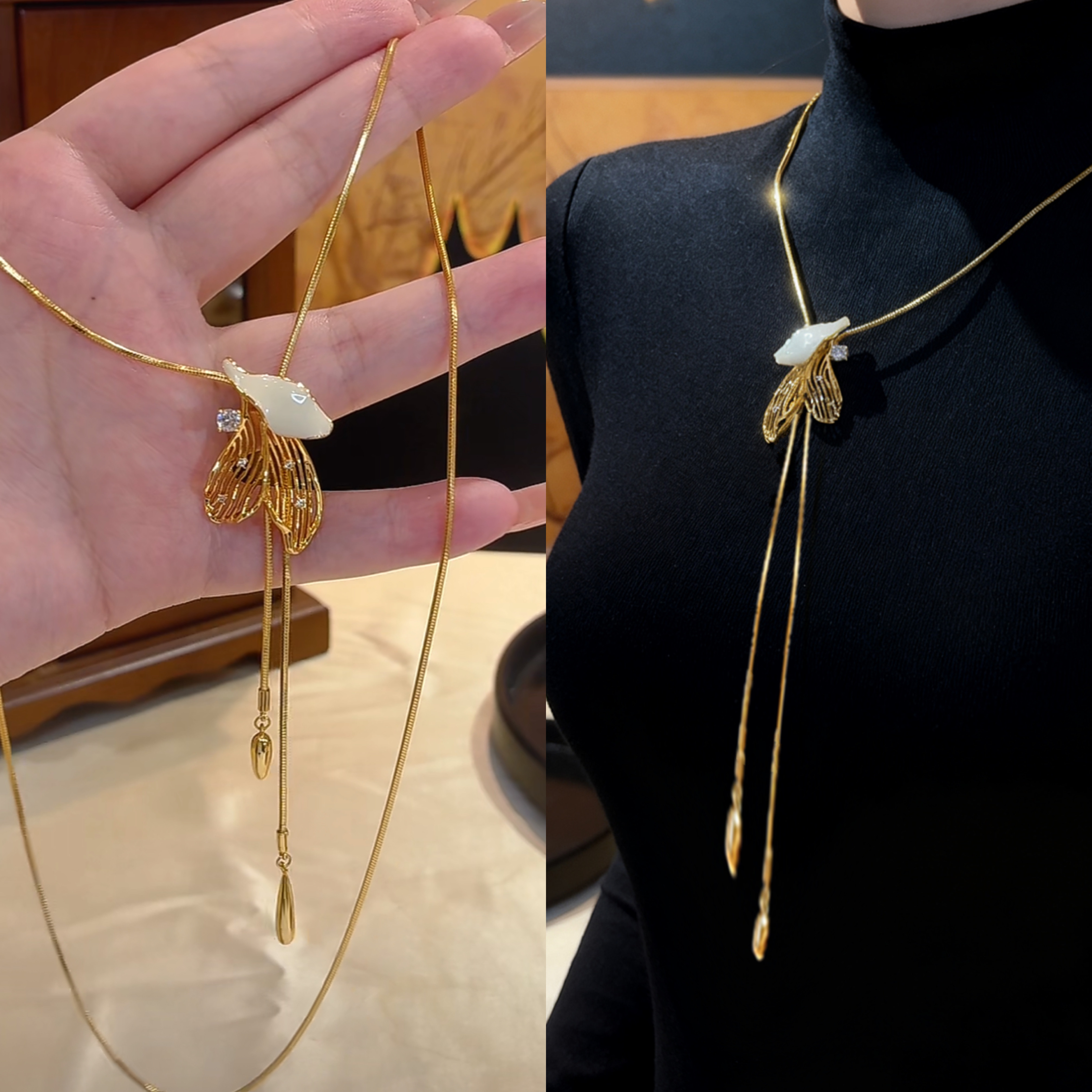 秋冬金色树叶抽拉毛衣链简约项链