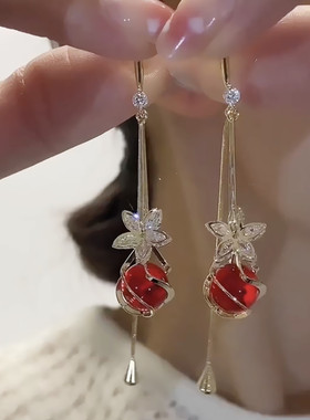 超仙红色猫眼石流苏耳环高级感气质耳钩韩国网红气质锆石花朵耳饰