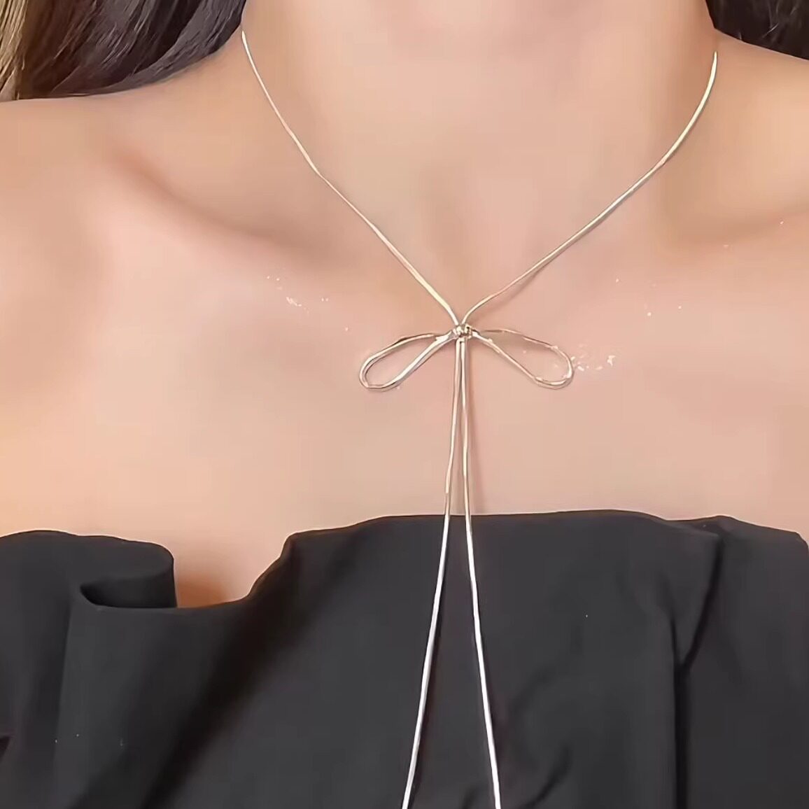 银色蝴蝶结抽拉项链女简约长款配饰毛衣链韩系时尚百搭气质锁骨链