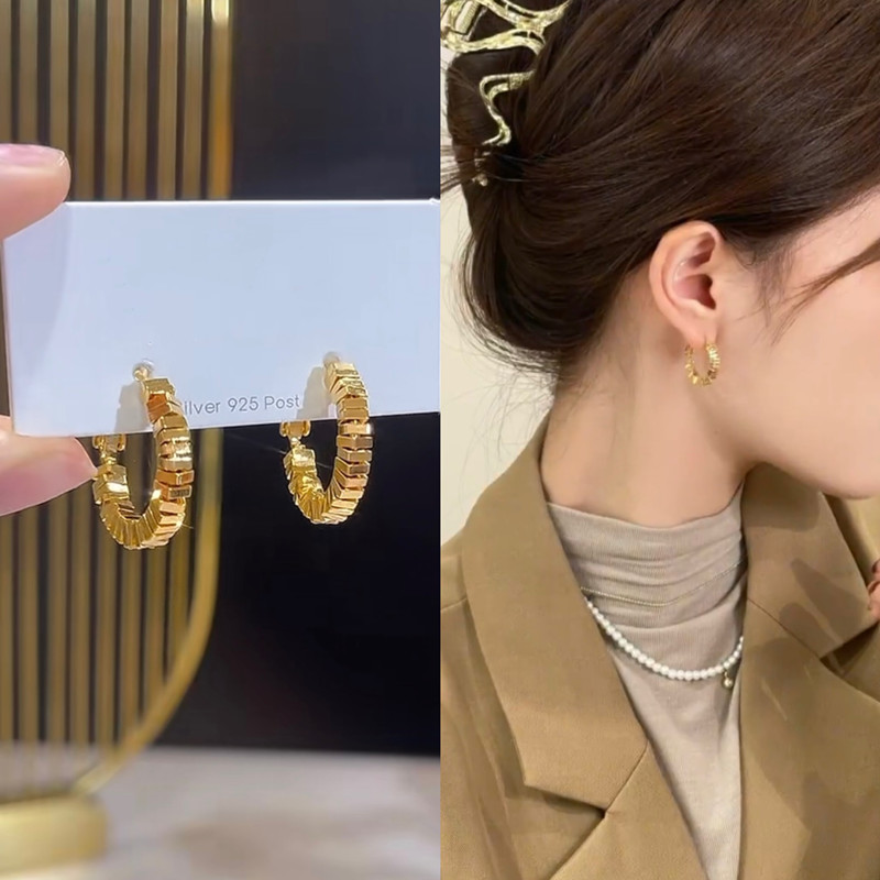 925银针金色碎银子耳圈女设计感