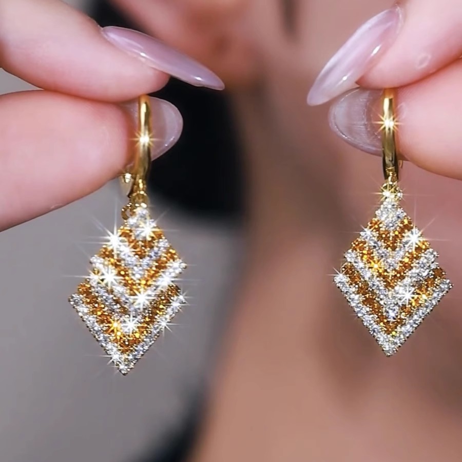 时尚超闪满钻咖色菱形几何耳环女