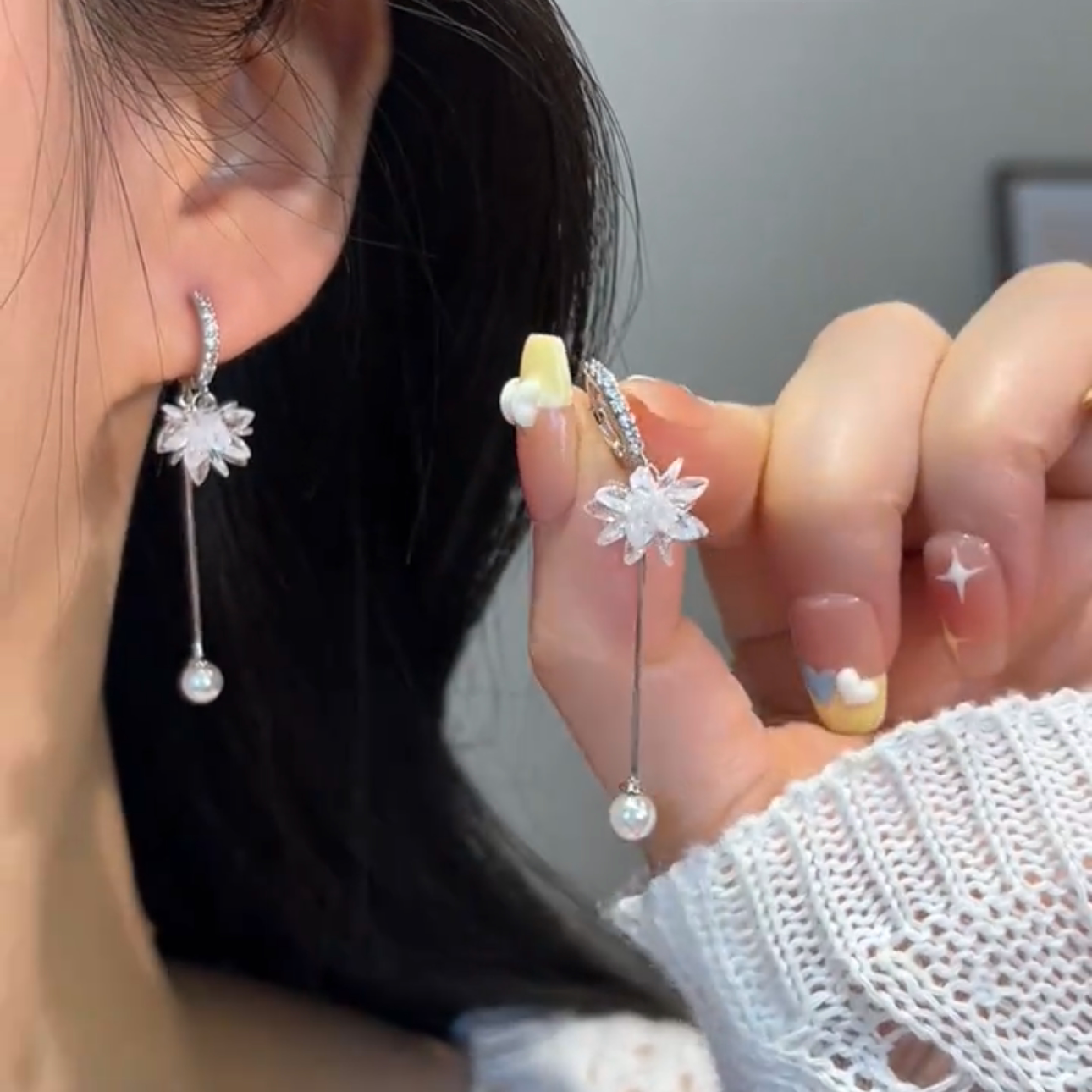 925银针韩版水晶冰花珍珠耳环女
