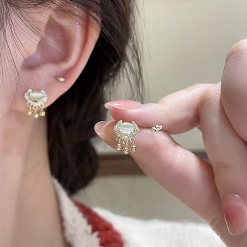 精致猫眼石如意平安锁四件套耳钉