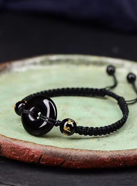 天然黑曜石平安扣手链情侣款 红绳与黑绳