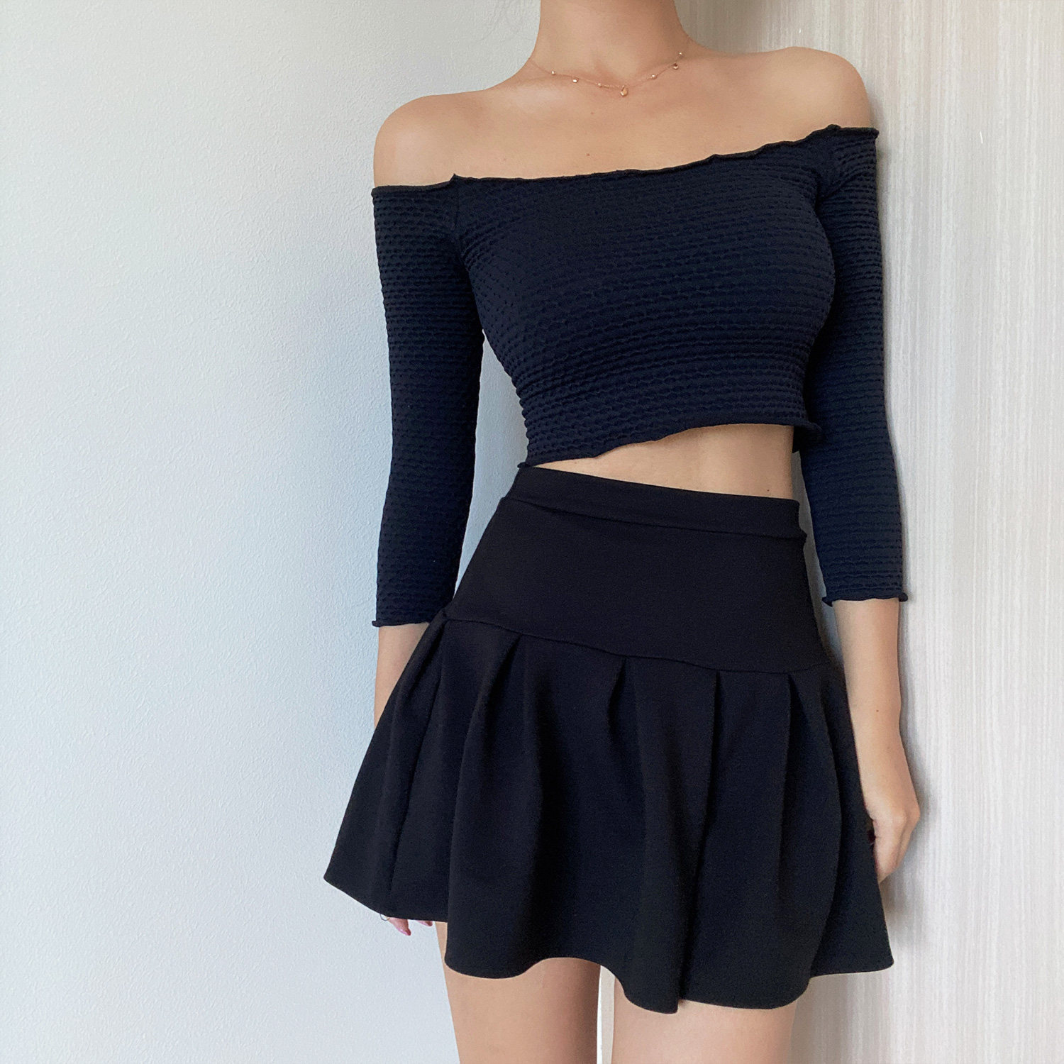 BERAN 欧美性感一字领木耳边弹力修身高腰短款露脐七分袖T恤上衣