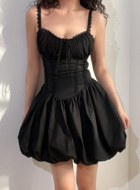 BERAN 可爱蝴蝶结系带甜美蕾丝花边收腰绑带蓬蓬裙摆吊带连衣裙