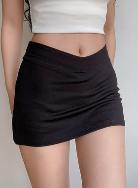 BERAN 欧美风性感辣妹V腰修身露脐纯黑色百搭包臀短裙防走光半身