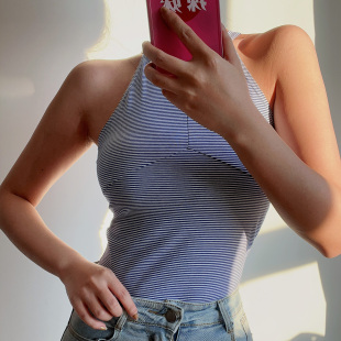 BERAN独家定制 打底吊带背心女 复古条纹圆领削肩细条纹百搭中长款