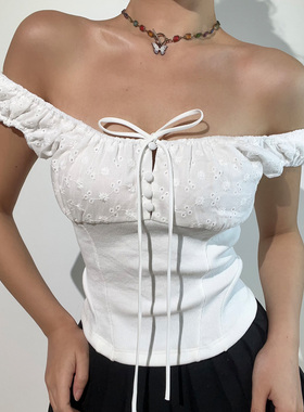 BERAN 法式复古方领一字领甜美蝴蝶结系带白色刺绣拼接背心上衣女