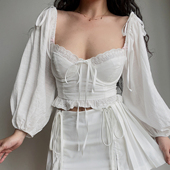 衬衫 BERAN 长袖 修身 上衣女 甜美性感方领可爱花边蝴蝶结系带灯笼袖