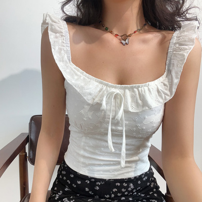 BERAN 美式复古方领甜美可爱荷叶边蝴蝶结系带高腰短款刺绣背心女