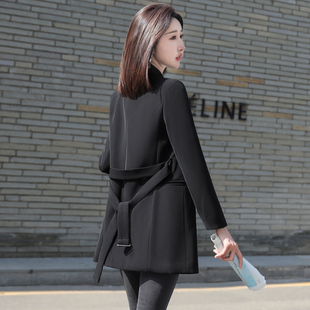 黑色休闲小个子收腰春秋绑带西服套装 2025新款 外套女中长款 小西装