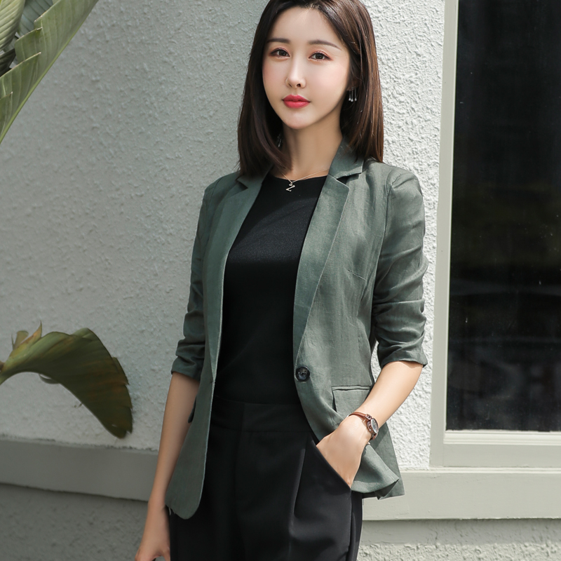 亚麻小西装外套女夏2025新款韩版短款小个子春秋修身棉麻休闲西服