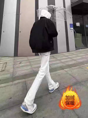 cleanfit美式白色牛仔裤男秋冬加绒微喇裤子vibe风高腰提档直筒裤