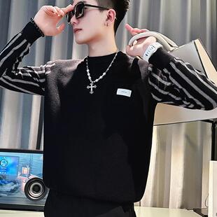 秋冬痞帅毛衣男外套假两件潮牌线衣服2025新款内搭条纹加厚打底衫