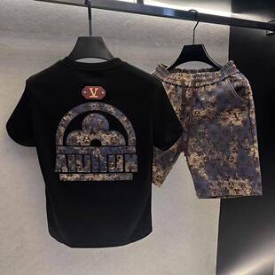 T恤夏季 新款 高端短裤 男士 潮牌五分裤 印花短袖 韩版 子 休闲运动套装