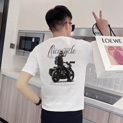 痞帅机车印花纯棉白色短袖T恤男