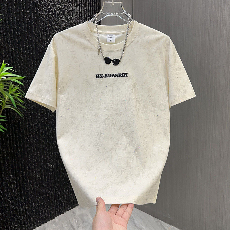 潮牌满天星亮片短袖T恤男款宽松圆领设计感高级黑色上衣夏季爆款图片