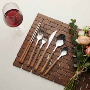 不锈钢夹柄仿木纹刀叉勺餐具餐刀叉子勺子甜品勺餐厅西餐牛排刀具