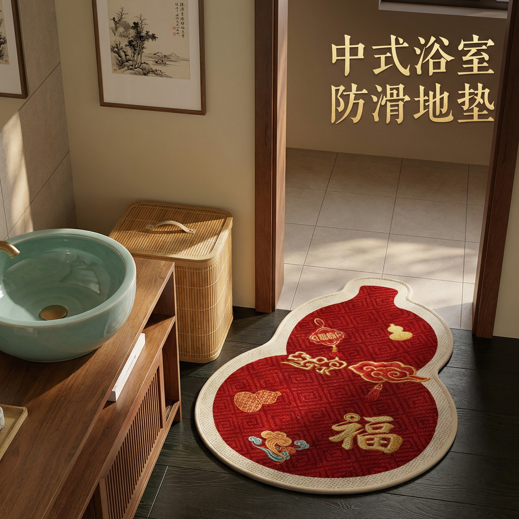 新中式葫芦异形浴室防滑地垫家用吸水速干脚垫卫生间亚麻加厚地毯,居家布艺,家用脚垫,淘宝优惠券,粉丝福利购,淘宝优惠卷