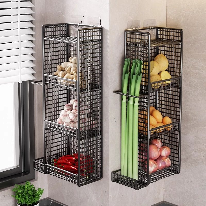 葱姜蒜厨房置物架收纳免打孔铁艺墙上壁挂水果架多层蔬菜调料篮架