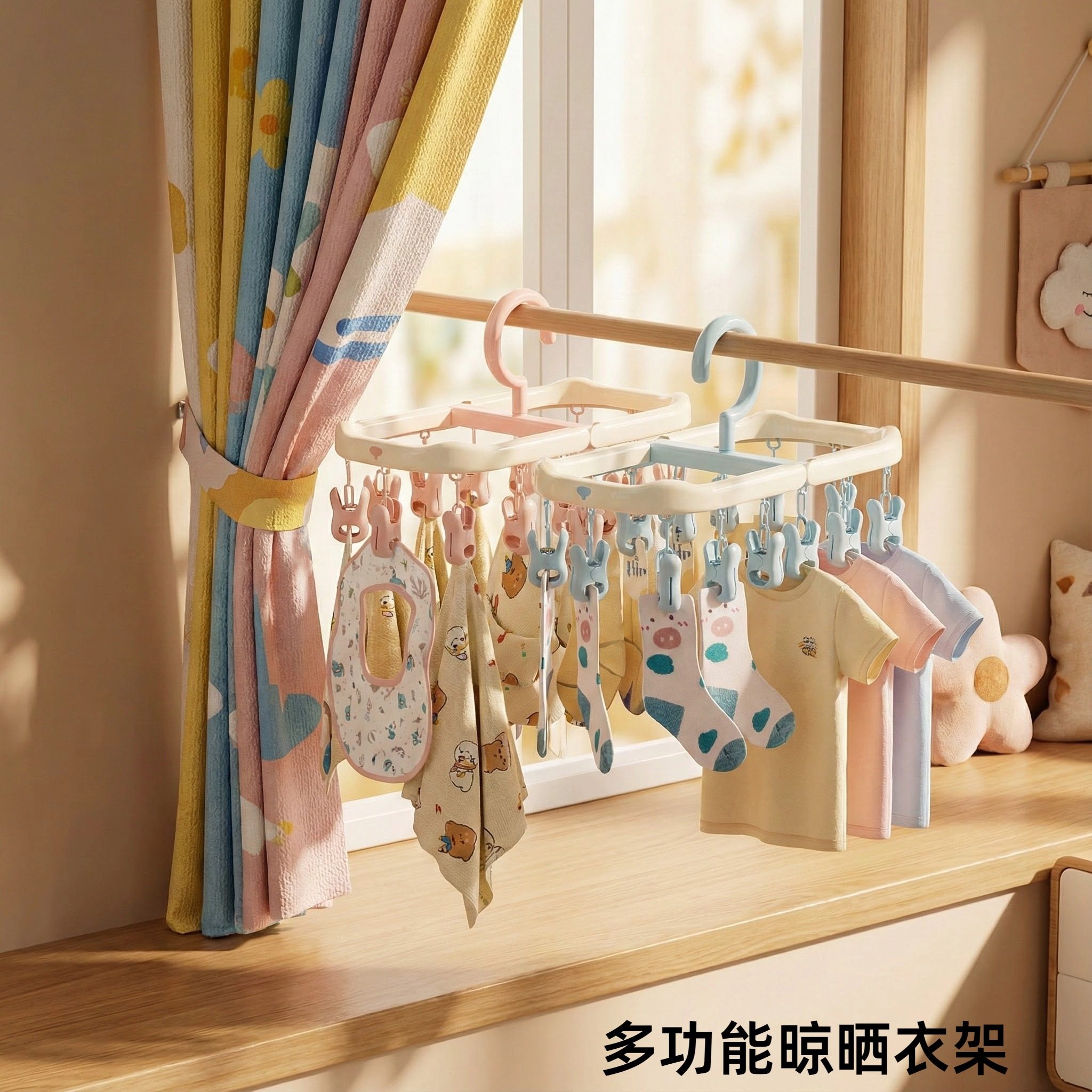 卡通多功能夹子晾衣架宿舍内晾袜子衣架折叠多夹子防风晾晒架,收纳整理,多夹子晾衣架,淘宝优惠券,粉丝福利购,淘宝优惠卷