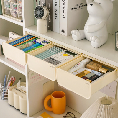 桌下隐形抽屉式收纳盒桌面办公室工位书桌底隐藏滑轨置物架柜加装