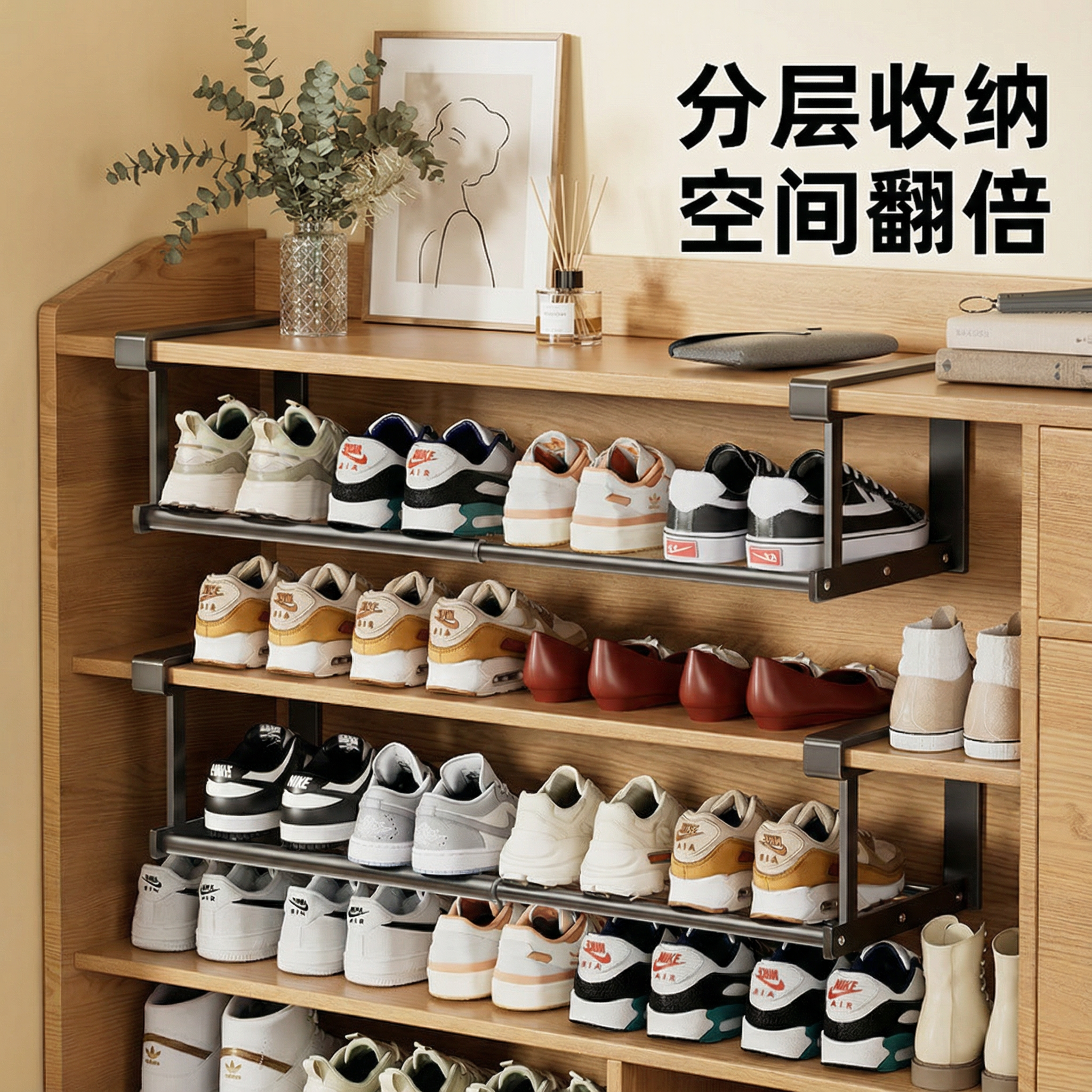 可伸缩鞋架家用鞋柜鞋子收纳分层隔板置物架省空间柜子下挂篮,收纳整理,鞋子收纳架,淘宝优惠券,粉丝福利购,淘宝优惠卷