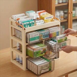 桌面药箱收纳盒家用抽屉式大容量轻奢带分隔塑料医药箱大号急救箱