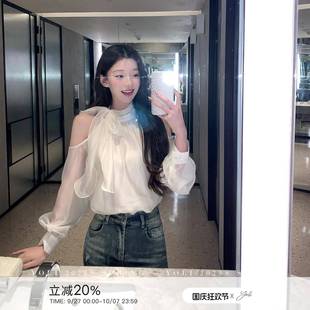 YOLI 巴黎詩集 杏色溫柔露肩雪紡襯衫 女秋蝴蝶結細帶上衣 張宥利