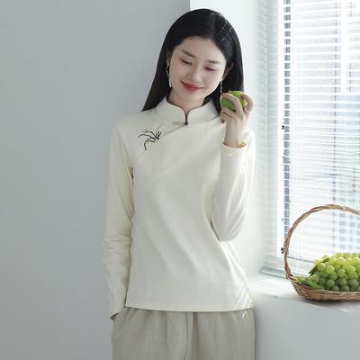 春秋新款刺绣T恤衬衫女长袖复古文艺中式斜襟上衣国风小立领女装