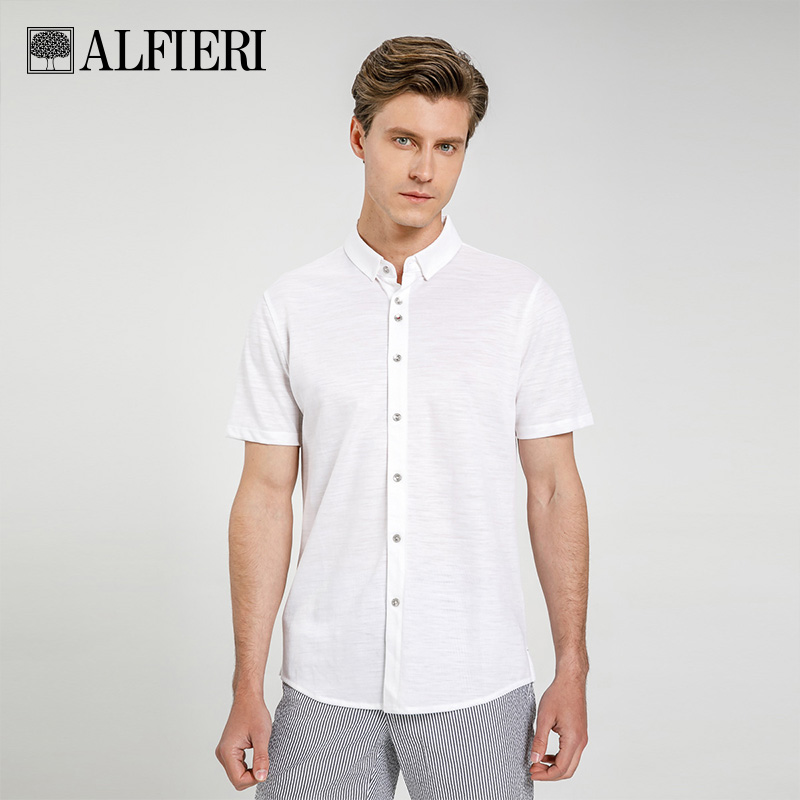 Alfieri艾法利男装夏季苎麻混纺满脸小立领男士短袖开衫T恤
