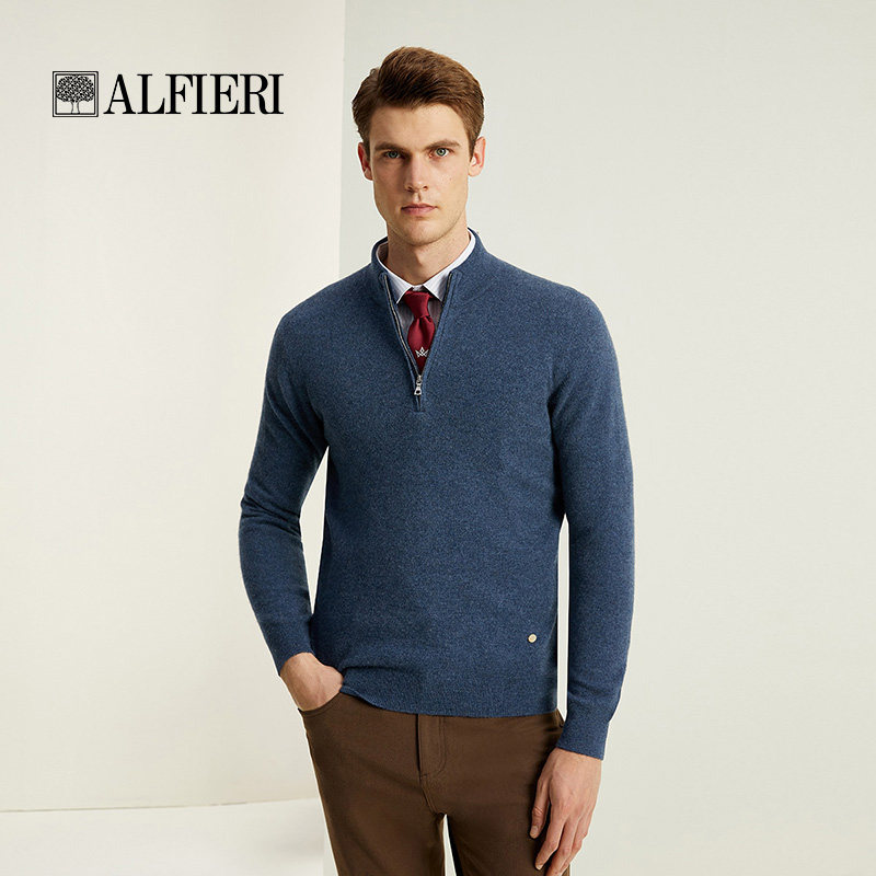 Alfieri艾法利男装秋冬立领拉链羊绒毛衣中年宽松纯色针织打底衫