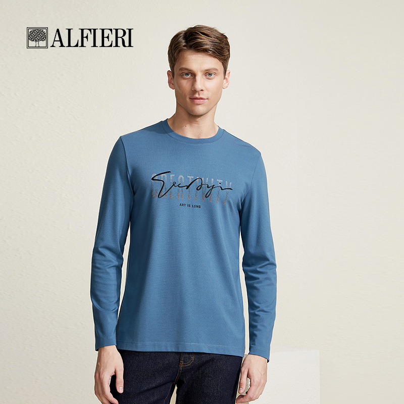 艾法利 秋季高弹植绒印花图案简约百搭圆领打底男士长袖T恤