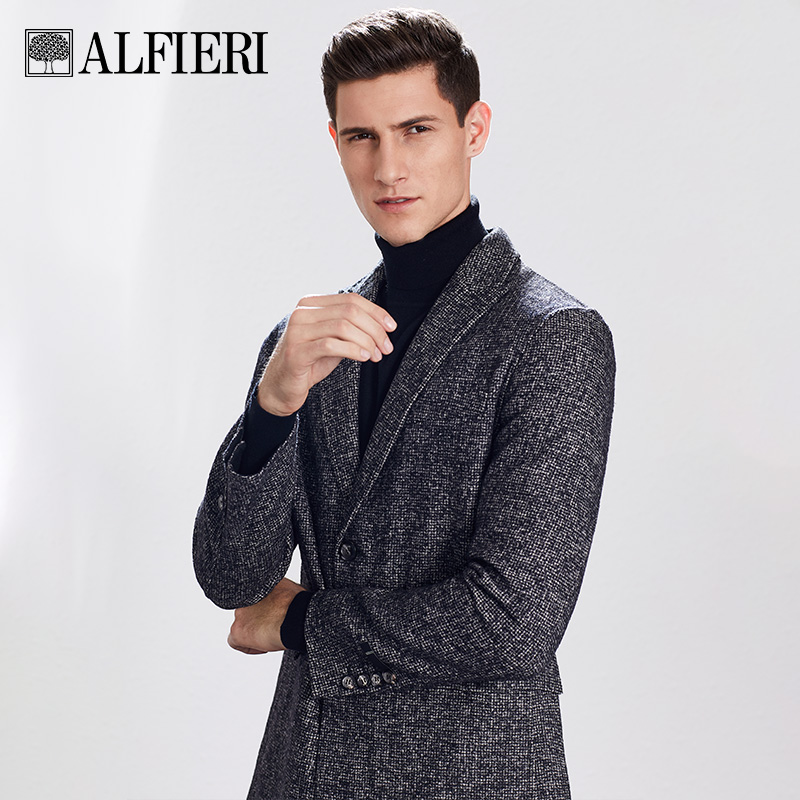 羊毛双面呢中长款翻领修身大衣