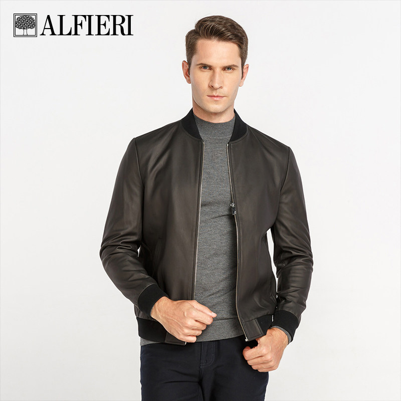 艾法利 男装秋冬哑光棒球领柔软真皮皮衣短款机车夹克外套