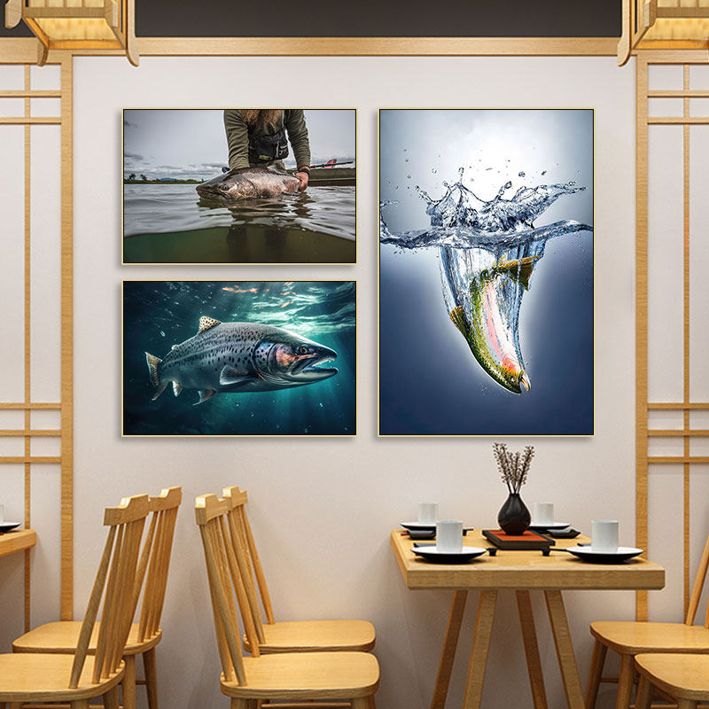 新鲜活三文鱼装饰画寿司店海鲜水产店背景墙挂画渔民赶海捕鱼壁画
